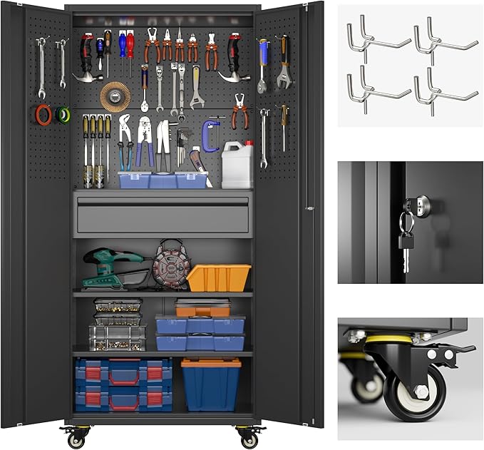 Aobabo 71 H Metal Storage Cabinet with Wheels with 5 Pegboards and 1 Drawer,Lockable Steel Tool Cabinet for Garage,Warehouse,Assembly Required,Black
