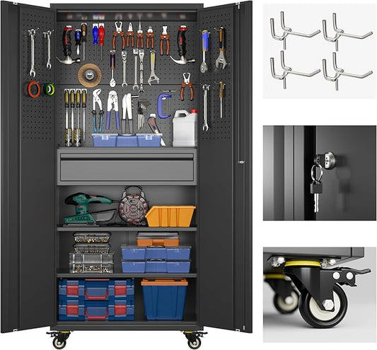 Aobabo 71 H Metal Storage Cabinet with Wheels with 5 Pegboards and 1 Drawer,Lockable Steel Tool Cabinet for Garage,Warehouse,Assembly Required,Black
