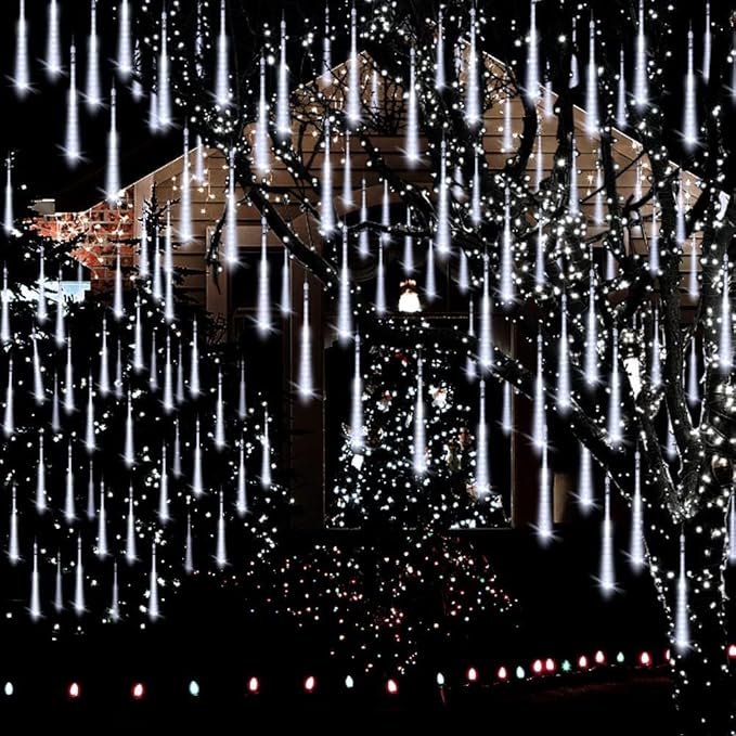 Christmas Lights Outdoor UL Certified 24 Tubes 576 LEDs (Equivalent to 3 Sets of 8 Tubes) Meteor Shower Light Falling Rain Drop Icicle Lights for Christmas Decorations Halloween Decor, White