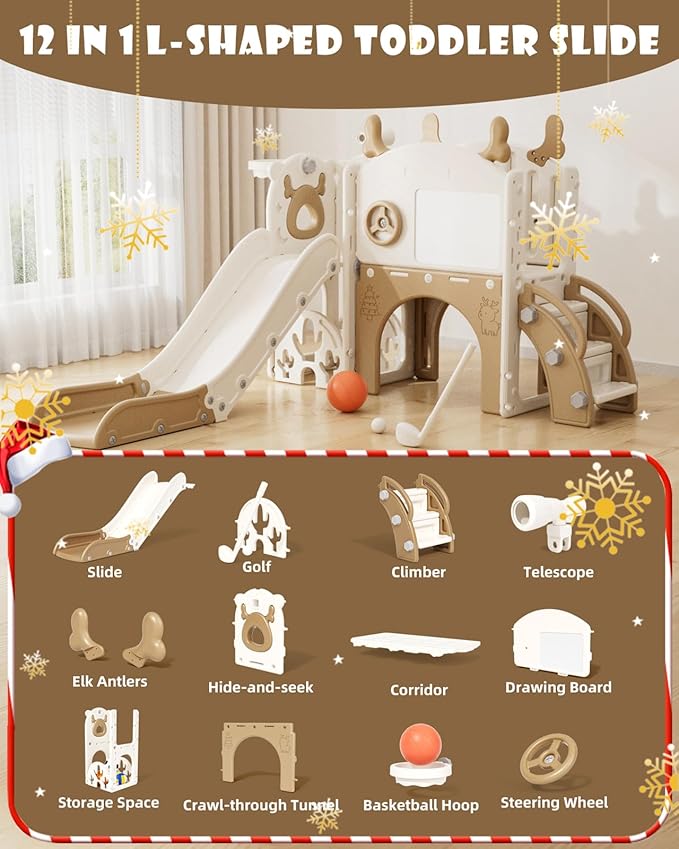XJD Toddler Slide,12 in 1 Kids Slide for Toddlers 1-3, New Upgrade with Golf Set, Basketball Hoop, Drawing Board for Indoor Outdoor Playset,Toddler Playground (Brown)
