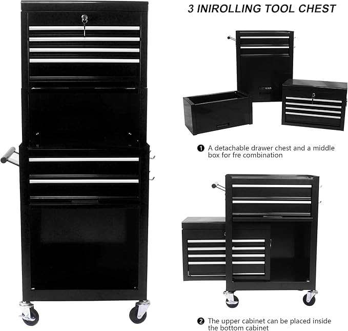 RYH 6 Drawers Rolling Tool Chest & Tool Box on Wheels | Heavy Duty Metal Cart with Ball Bearing Drawers | Fits US General Tool Box for Garage Storage (Black, 6 Drawers 3 in 1/51.99 H ¡¿ 20.87 W)