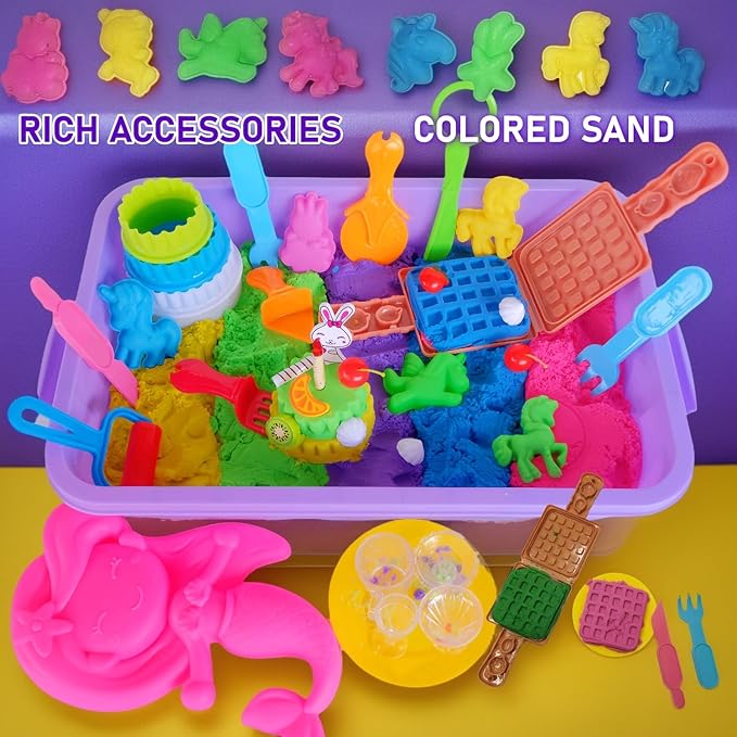 Fweir Sensory Bin for Boy Girl Kid Toy,50+Pieces Play Sand Kit with Sandbox, 3.5lbs Color Sand, 27 Molds Including Mermaid & Unicorn, Cake Cups, Waffle, Sensory Toys for Girl Toddler Ages 3-8