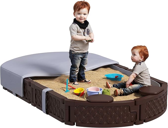Qaba Kids Sandbox with Cover, Oval 71 HDPE Large Sand Pit with 4 Seats, Waterproof Bottom Liner, Weather Resistant Outdoor Sand Box for Backyard, Lawn, Garden, Beach, Patio, Brown