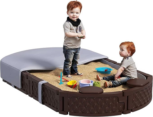 Qaba Kids Sandbox with Cover, Oval 71 HDPE Large Sand Pit with 4 Seats, Waterproof Bottom Liner, Weather Resistant Outdoor Sand Box for Backyard, Lawn, Garden, Beach, Patio, Brown