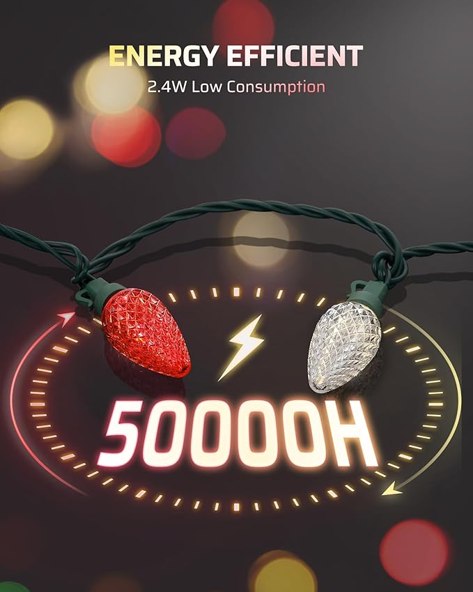 DEWENWILS C9 Red & White Christmas Lights, 33.3ft 50 LED String Lights Waterproof, Indoor/Outdoor Xmas Bulb Light with Hook for House, Xmas Tree, Patio, Garden, Yard, Porch, Green Wire, UL Listed