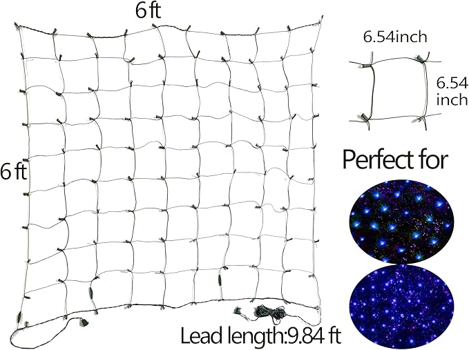 HISHINY LED Blue Christmas Net Lights Outdoor,6ftx6ft 144LED Green Wire, Connectable Indoor Outdoor Bush Mesh Net Lights String for Halloween Christmas Party,Shrub,Yard,Tree（Blue）