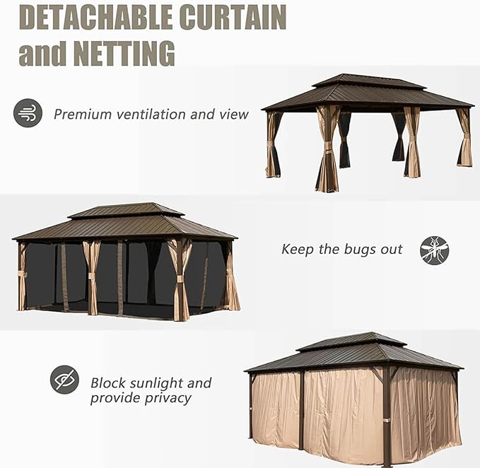 Domi Hardtop Gazebo 12x18FT, Aluminum Metal Gazebo with Galvanized Steel Double Roof Canopy, Curtain and Netting, Permanent Gazebo Pavilion for Patio, Backyard, Deck and Lawn, Brown