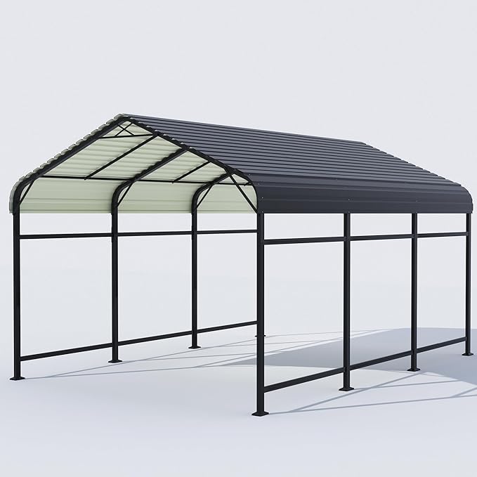 Greesum 10x15FT Metal Carport with Heavy Duty Frame and Galvanized Steel Roof, Round Carports with Side Support Rods, Canopy Shelter for Car, Pickup Trucks, Boats and Tractors, Party, Gray