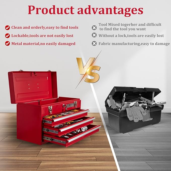 20.3¡° Metal Tool Box with Drawer Portable Steel Tool Box with Protective Liner and Latch Closure and Lock for Garage, Home and Warehouse (Red-3 Drawers)