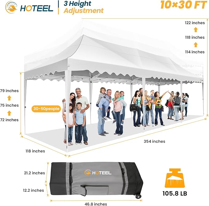 HOTEEL 10x30 Pop Up Canopy with 8 Sidewalls, UV 50+ and Waterproof 10×30 Party Tent, Thickened Frame, Large Space Easy Pop Up Canopy, Outdoor Tent for Weddings, Beaches, Parties, Patio (White)