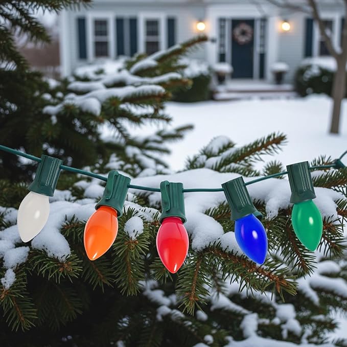 C7 Christmas Lights Outdoor Multicolor 5W,25Ft Incandescent Vintage String Lights with 27 Glass Bulbs,Green Wire,Waterproof for Outdoor Decor (Roofline,House,Garden,Patio)