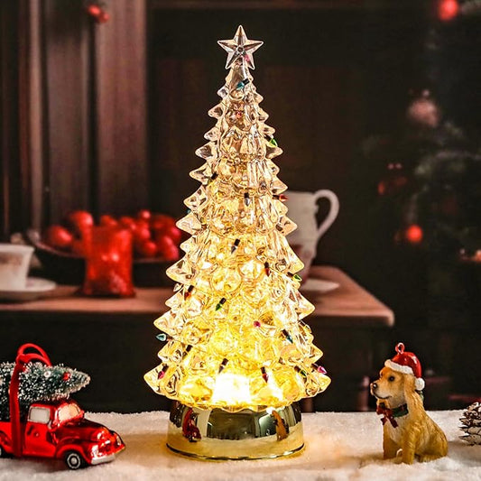 Small Christmas Tree White Acrylic Tree with LED Lights Small Bell 12 Inch Tabletop Christmas Tree Vintage Christmas Decoration Battery Operated