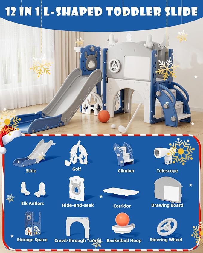 XJD Toddler Slide,12 in 1 Kids Slide for Toddlers 1-3, New Upgrade with Golf Set, Basketball Hoop, Drawing Board for Indoor Outdoor Playset,Toddler Playground (Blue White)