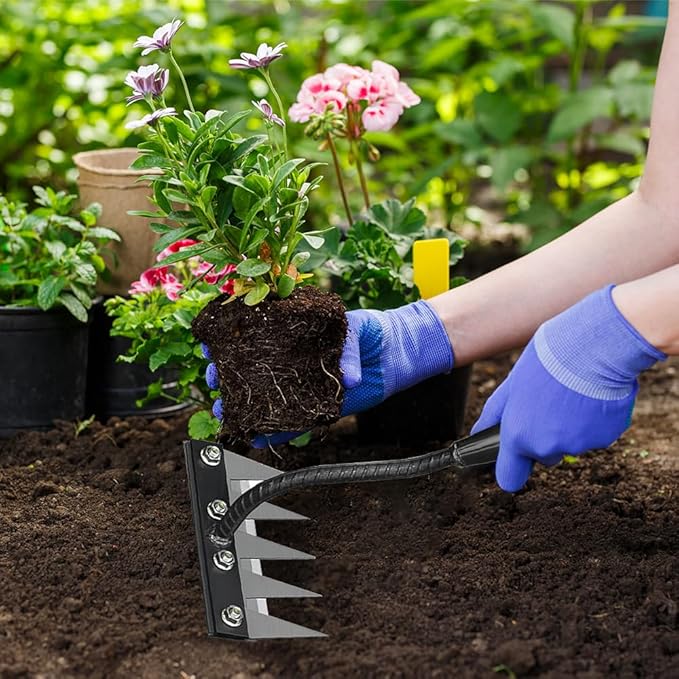 Iron Rake for Gardening and Weeding, 5/6/7/8 Teeth Heavy Duty Iron Weeding Rakes, Rake for Dethatching Lawn, Gardening Weed Puller Tool, Garden Weeding Tools for Backyard Lawn Loosening (5 teeths)
