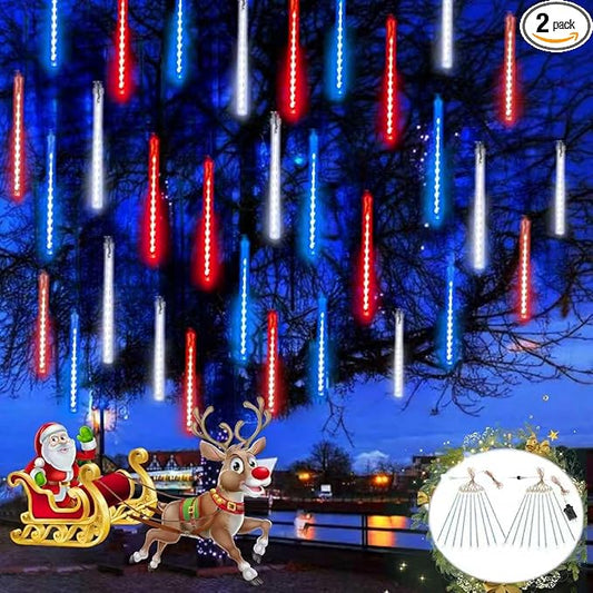 2-Pack Christmas Decorations Lights Outdoor, Total 432LED Meteor Shower Light with Timer, 30cm 18 Tubes Indoor Outdoor Snow Cascading String Light for Xmas Tree Party Garden Decor (Red White and Blue)