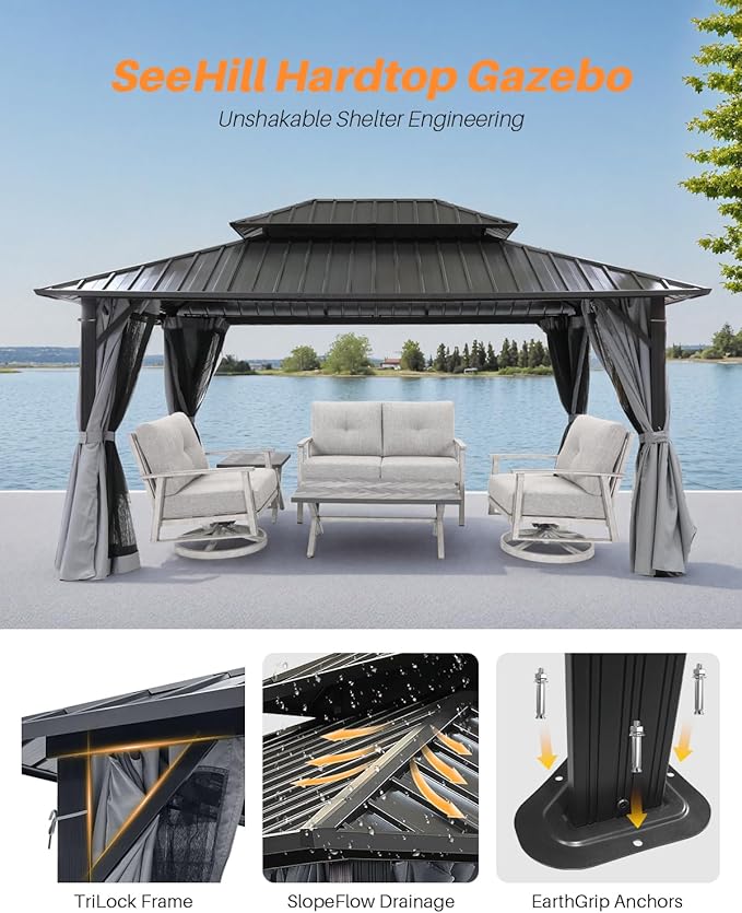 10' x 12' Hardtop Gazebo, Aluminum Frame Outdoor Patio Gazebo with Netting and Curtains, Outdoor Hardtop Gazebos, Patio Pergolas with Double Metal Roofs for Backyard, Patio, Deck, Slate Gray