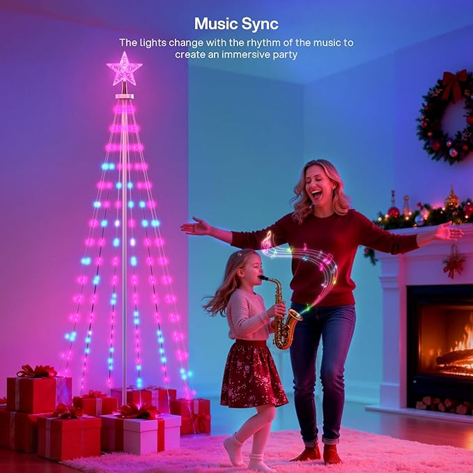 REYLAX 8FT Outdoor Christmas Cone Tree with 340 LEDs, RGB Color Changing Pre-lit Smart Christmas Tree Lights, DIY Lightshow, Music Sync, Outdoor Decoration Lights, App & Remote Control