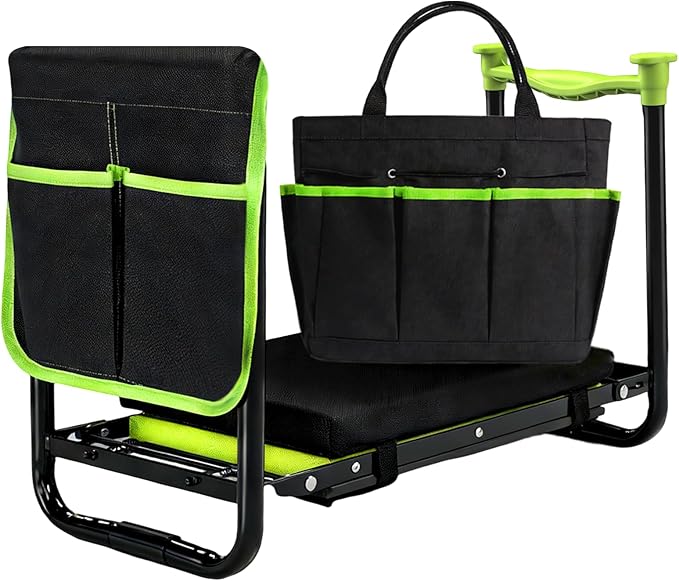 Garden Kneeler and Seat, Heavy Duty Gardening Stool with 1.8 Thick Detachable Kneeling Pad, Foldable Bench Chair with Tool Pouch and Bag for Knee & Back Pain Relief for Women, Men, Seniors (Green)