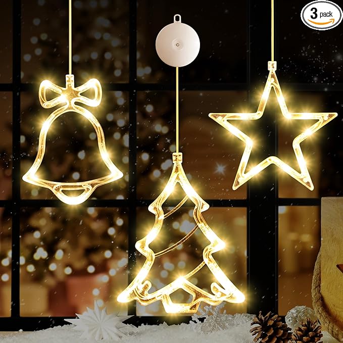 3Pack Christmas Window Lights Decorations with Timer, Battery Powered Hanging Warm White Lighted Tree Bell Star Shaped LED Sucker for Xmas Tree Fireplace Indoor Decor