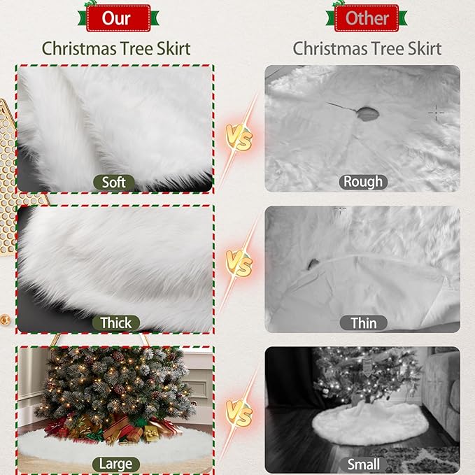Christmas Tree Skirt, 60 Inch Christmas Decorations Tree Skirt, Faux Fur White Soft Long Thick Velvet Tree Rug, Large Vintage Tree Base Cover Round Mat for Merry Christmas Holiday Party