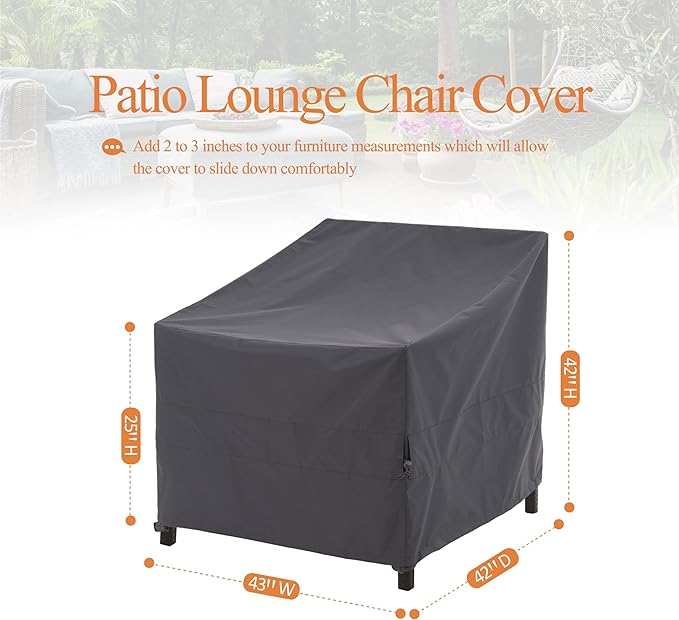 WJ-X3 Patio Chair Cover, Outdoor Lounge Cover, Heavy Duty, Waterproof Lawn Chair Covers, 43W x 42D x 42H, Grey, 2-Pack