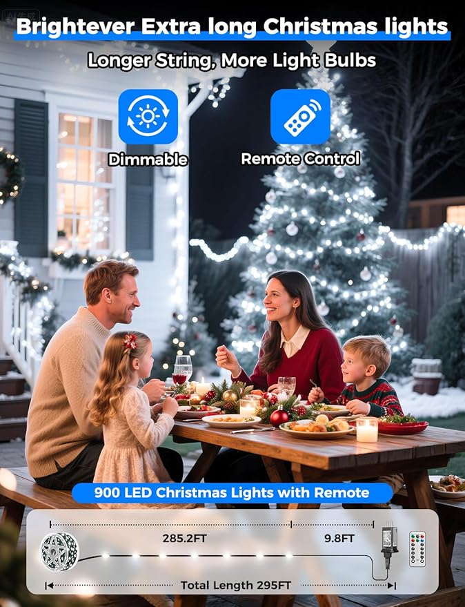 Brightever LED Christmas Lights Outdoor, 295 FT 900 LED Christmas Tree Fence Lights with Remote - 8 Lighting Modes & 3 Timers, Cascading Twinkle Light Decor for Outside, Garden, Lawn (Cool White)