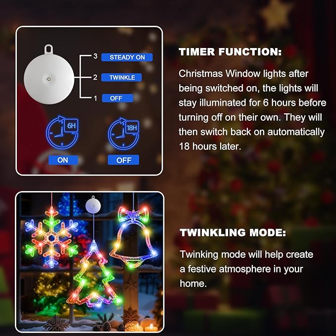 3Pack Christmas Window Lights Decorations with Timer,Battery Powered Christmas Hanging Multicolor Lighted Snowflake Tree Bells Shaped LED Sucker for 2026 Xmas Tree Fireplace Indoor Decor