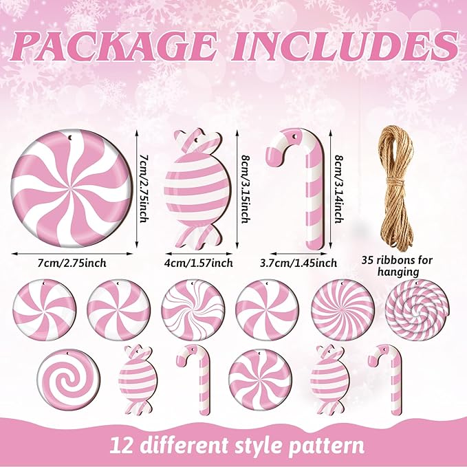 Qunclay 36 Pieces Candy Cane Christmas Ornaments Wood Hanging Lollipop Ornaments Wood Cutouts Peppermint Christmas Decor for Xmas Tree Home Decoration Party Supplies