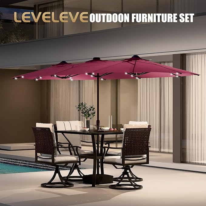 CHABATREE 15FT Rectangle Patio Umbrella with Base & Solar LED Lights - Double-Sided