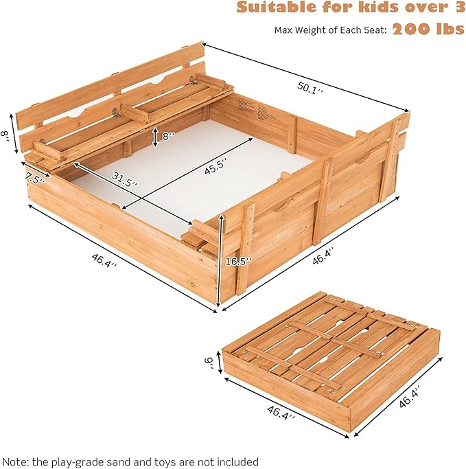 Costzon Kids Sandbox with Lid, 47 x 47in Sand Pit w/ 2 Convertible Bench Seats & Protective Bottom Liner, Cedar Wood Outdoor Sand Box for Backyard Home Lawn Garden Beach (with Backrest)