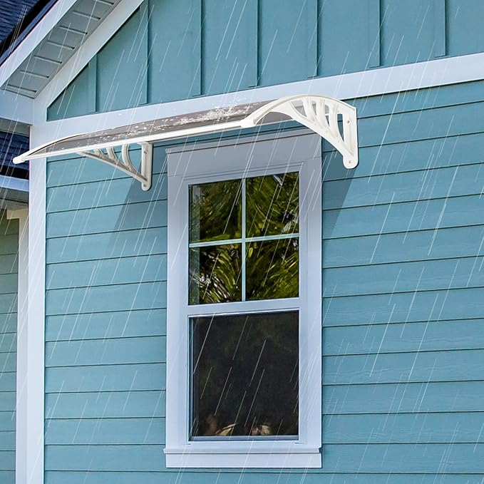 Window Awning Door Canopy Exterior- 32" x 40" Aluminum Door Awning, Polycarbonate Cover Patio Canopy Awning for House, Outside, Rain Snow & UV Resistant (Brown Board & White Bracket)