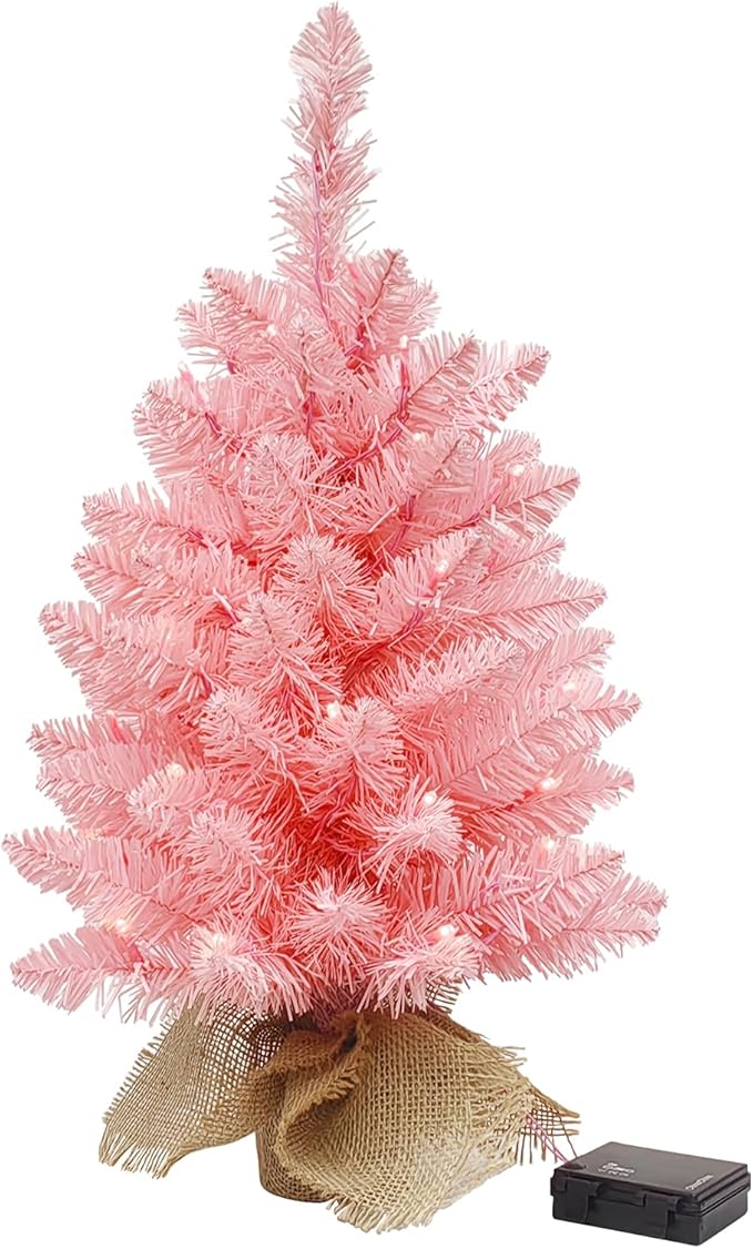 2ft Pink Christmas Tree with 50 Led Warm Lights, Artificial Christmas Tree with 72 Branch Tips, Battery Operated Small Xmas Tree for Table Desk Best Holiday Home Decorations