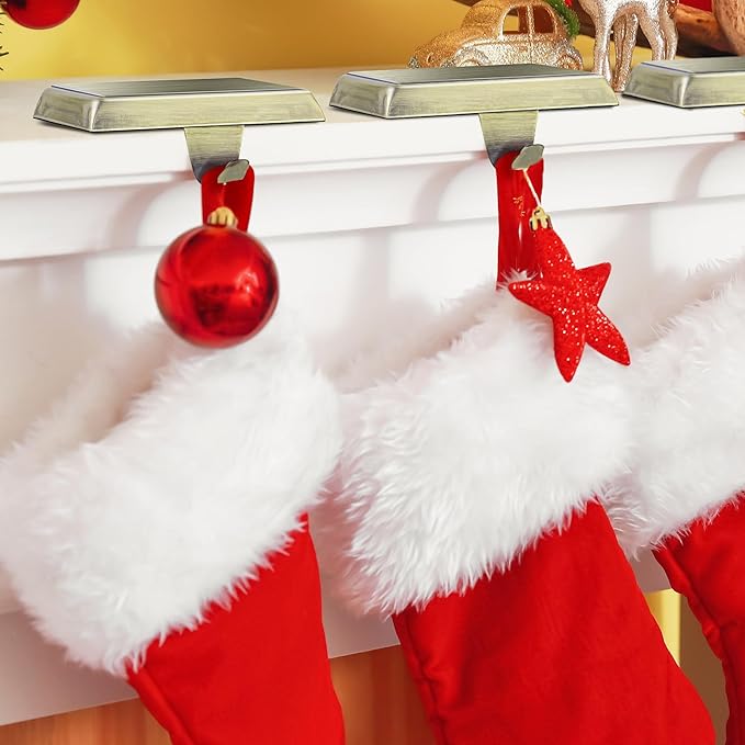 Fovths 4 Pieces Christmas Stocking Holders Bases Metal Mantle Stocking Hooks Fireplace Stocking Hanger Weighted Hanging Hooks for Xmas Holiday Party Decorations, Bronze