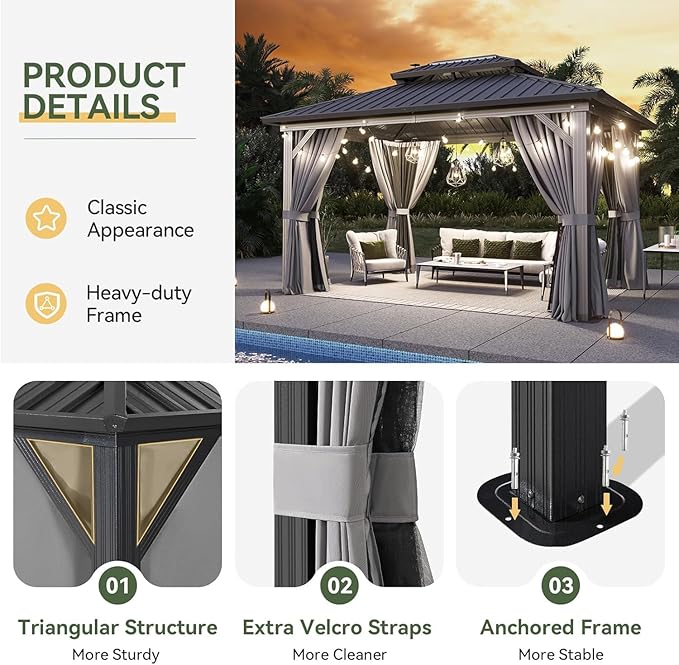 Aoxun 10'x14' Hardtop Gazebo, Aluminum Frame Canopy with Double Galvanized Steel Roof, Outdoor Metal Pavilion with Netting, Curtains for Backyard, Patio and Deck, with Ground Nails