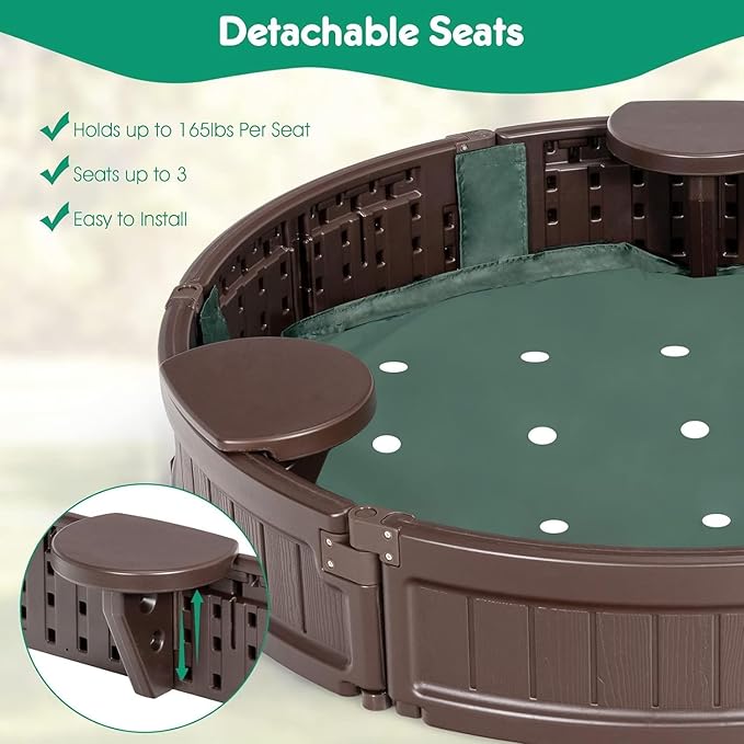 Costzon Round Kids Sandbox with Cover, HDPE Sand Pit w/Detachable Built-in Seating & Bottom Liner for Backyard, Garden, Beach, Lawn, Outdoor Sand Box for Kids Age 3+