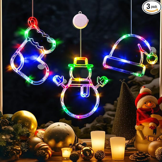 LOLStar Christmas Window Lights, 3 Pack Multicolor Christmas Stocking, Snowman, Santa Hat Lights with Suction Cup, Timer Function and Slow Fade Mode Battery Operated
