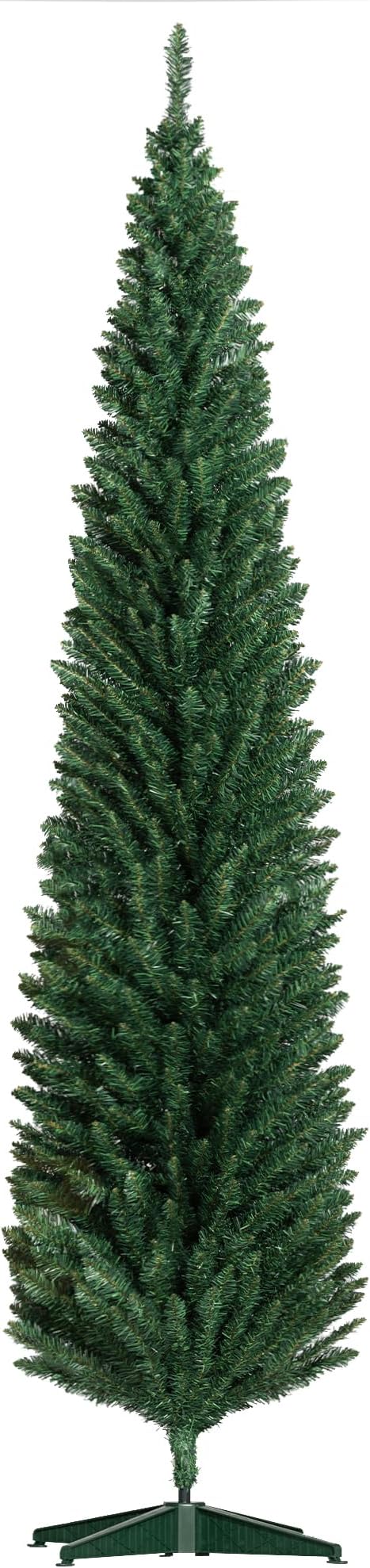 HOMCOM 8' Artificial Pencil Christmas Tree, Slim Xmas Tree with 618 Realistic Branch Tips and Plastic Stand, Green