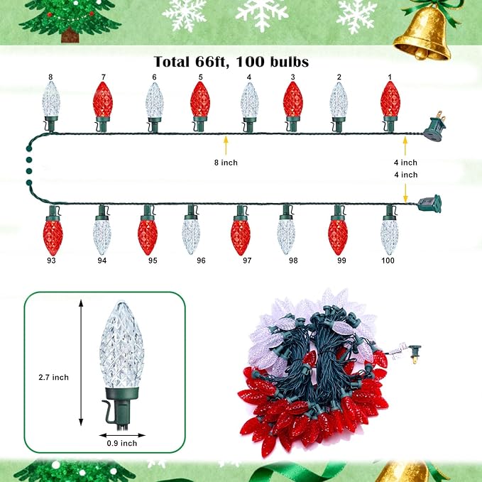 C9 LED Outdoor Christmas Lights,C9 String Lights with Quick Clips,for Xmas House Roof Gutter,Plug in & Connectable,66FT 100 Light,Red & Warm White