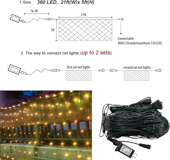 OYCBUZO 360LED Net Lights, 21ft x 5ft Connectable Christmas Outdoor Mesh Lights with Timer & 8 Lighting Modes, Waterproof String Light Plug in for Xmas Tree Bushes Garden Holiday Party - Warm White