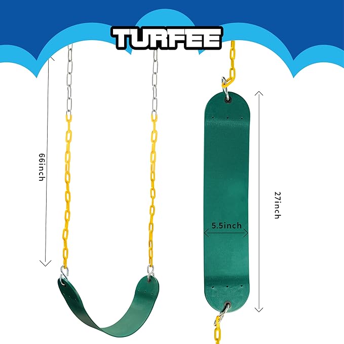 TURFEE Heavy Duty Swing Seat Green Color with 66¡± Chain, Swing Set Accessories Replacement with Snap Hooks for Kids Outdoor Play Playground