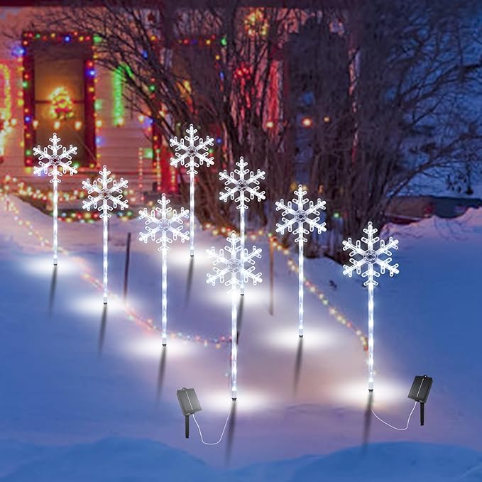 Solar Christmas Pathway Lights Outdoor Decorations, Solar Powered Snowflake Lights, Waterproof Xms Garden Stake Lights Outdoor Christmas Decorations for Patio Yard Porch Lawn, 8 Pack(White)