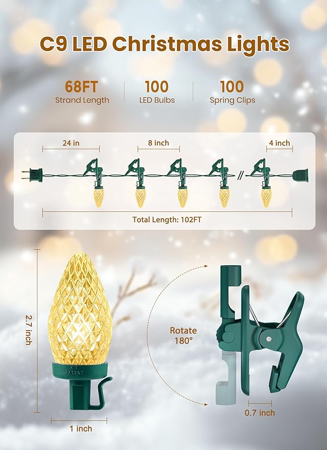 C9 68Ft Led Christmas String Lights 100 LED with Quick Clips Outdoor Waterproof Strawberry Lights, Commercial Grade Extendable for Indoor Outside Roofline Patio Home Xmas Decoration, Warm White