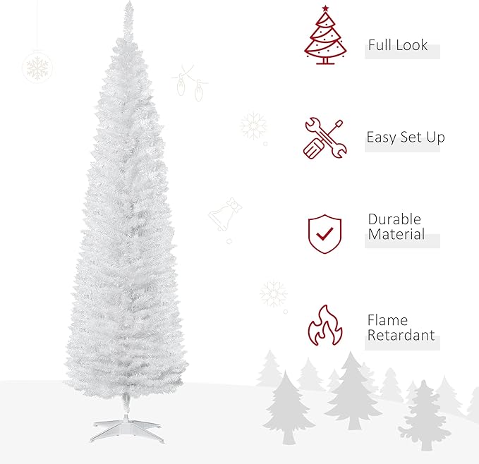 HOMCOM 7' Artificial Pencil Christmas Tree, Slim Xmas Tree with 499 Realistic Branch Tips and Plastic Stand, White
