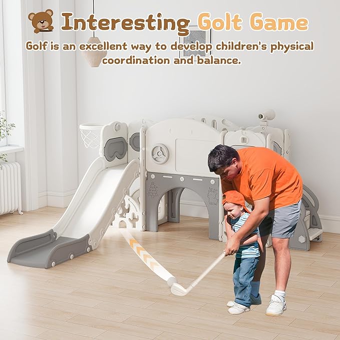 11-in-1 Toddler Slide Playset,Indoor Playground for Kids 1-3 and Toddler Outdoor playset with Golf Set Drawing Set Basketball Hoop, Playground Easy Assembly Bear Theme