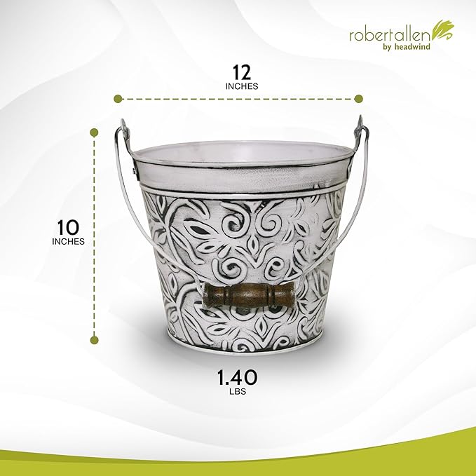 Headwind Robert Allen Vintage Floral Metal Planter with Handle, 12-Inch, Rustic White – Lightweight Indoor/Outdoor Flower Pot with Drainage Hole