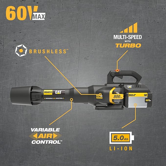 Cat DG651 60V 800 CFM 170 MPH High-Powered Leaf Blower Cordless, Adjustable Speed Blowers for Lawn Care, Lightweight Cordless Leaf Blower with Variable Air Control ? Battery & Charger Included