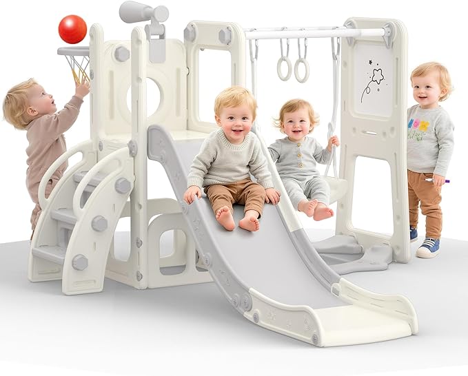 9 in 1 Toddler Slide and Swing Set with Basketball Hoop, Drawing Board, Rings & Telescope Indoor Outdoor Playset for Kids, Playground Activity Center, Toddler Swing and Slide Set