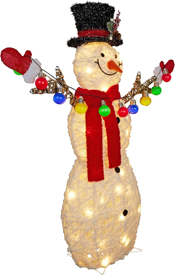 Alpine Corporation CHT972, White Mesh Fabric 3D Snowman Holding Christmas Lights with 60 Warm White LED Lights - Large 4 Feet Tall Indoor/Outdoor Holiday Décor, Christmas Decoration