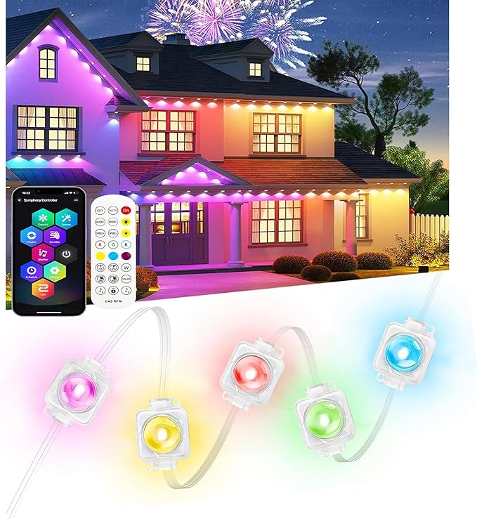 100ft RGB Permanent Outdoor Lights,with 60 LED IP65 Waterproof Smart Christmas Lights for Outdoor Decor with 63 Scene Modes for Halloween Christmas Birthday Holiday Party (100FT 60LED)