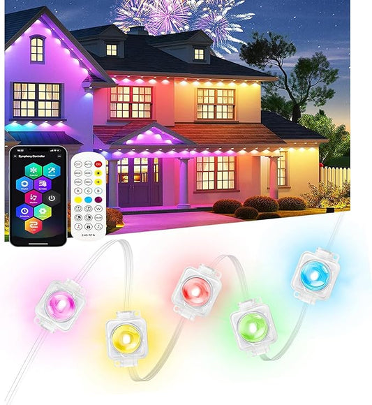 100ft RGB Permanent Outdoor Lights,with 60 LED IP65 Waterproof Smart Christmas Lights for Outdoor Decor with 63 Scene Modes for Halloween Christmas Birthday Holiday Party (100FT 60LED)